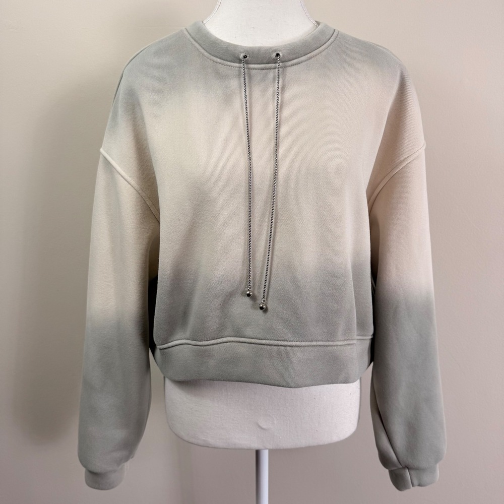 Womens Grey Cream Ombre Cropped Sweatshirt Silver Chain Detail Boxy Fit L